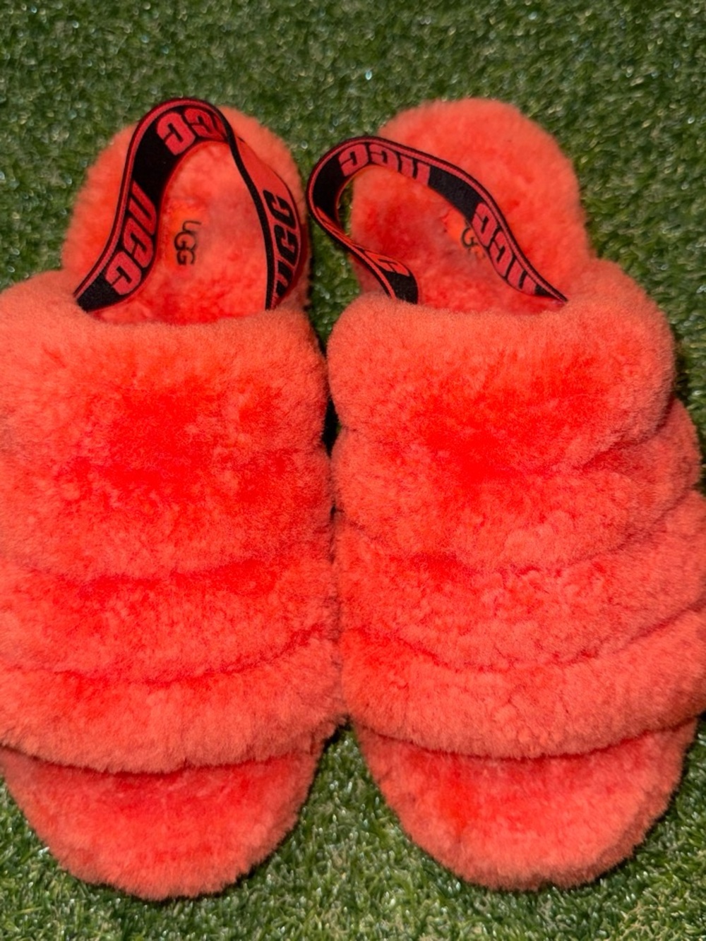 UGG Plush Fluffy Slide Sandals in Coral Red